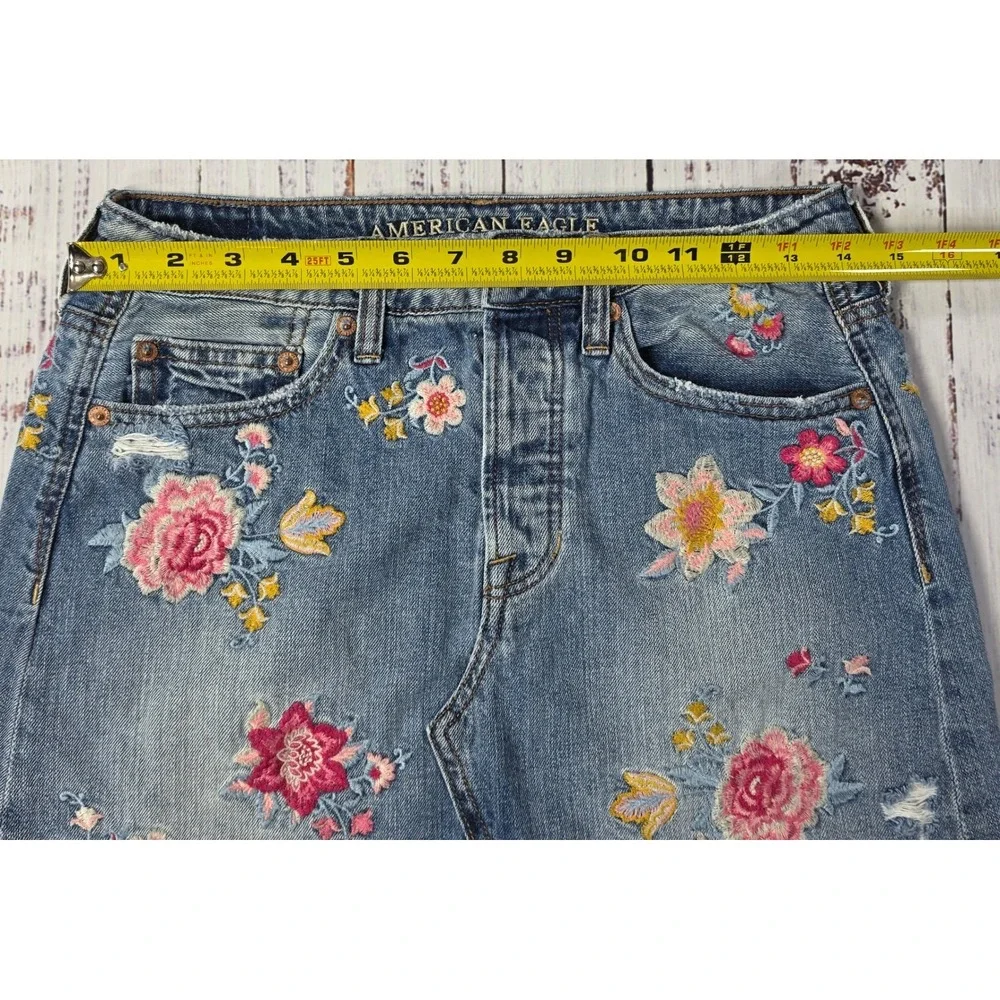 American Eagle Denim Mini‎ Skirt Womens 2 Blue Excellent Floral Embroidered Boho